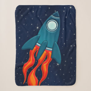 Cute Space Rocket and Outer Space Design Sherpa Blanket
