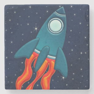 Cute Space Rocket and Outer Space Design Stone Coaster
