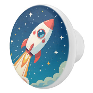 Cute space rocket blasting off ceramic knob