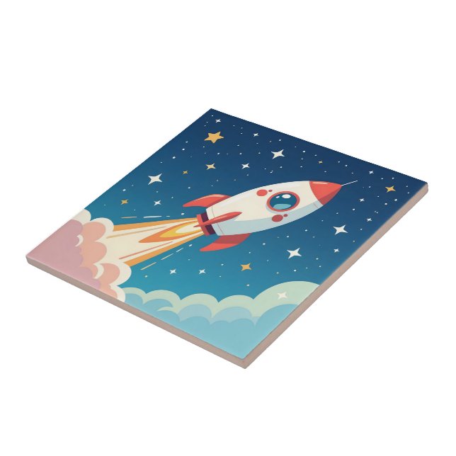Cute space rocket blasting off ceramic tile (Side)