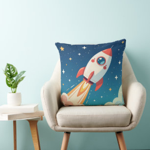 Cute space rocket blasting off cushion
