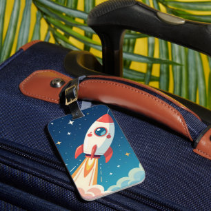 Cute space rocket blasting off luggage tag