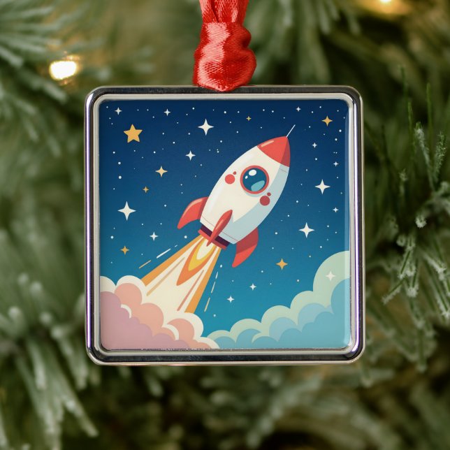 Cute space rocket blasting off metal ornament (Tree)
