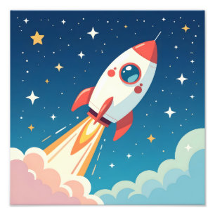 Cute space rocket blasting off photo print