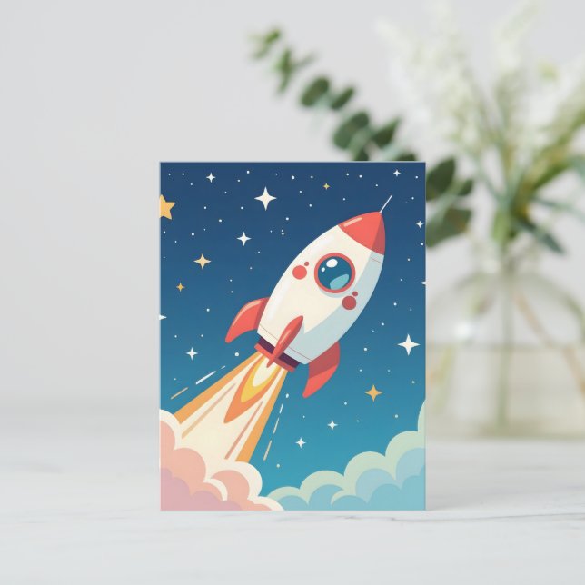 Cute space rocket blasting off postcard (Standing Front)