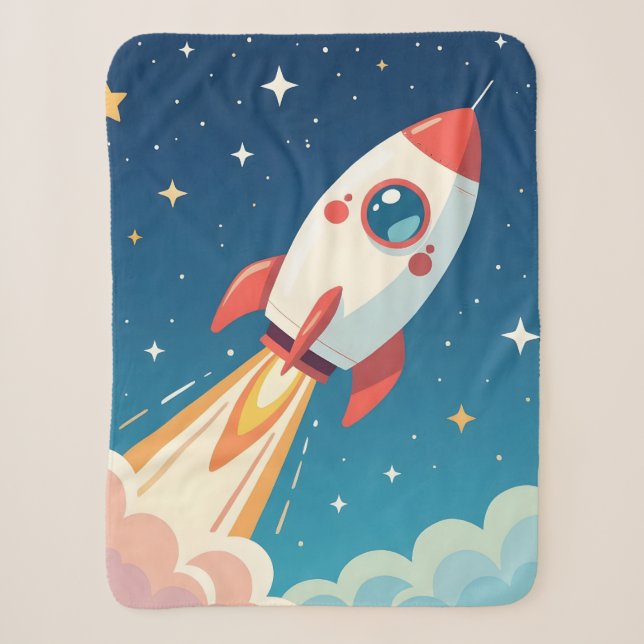Cute space rocket blasting off sherpa blanket (Front)