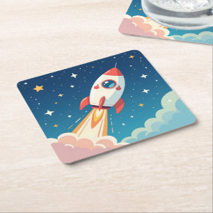 Cute space rocket blasting off square paper coaster