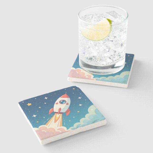 Cute space rocket blasting off stone coaster (Side)