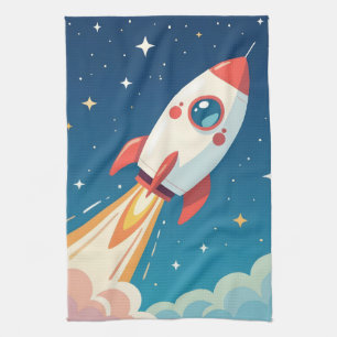Cute space rocket blasting off tea towel