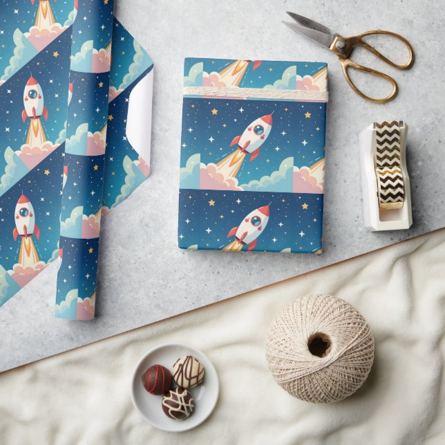 Cute space rocket blasting off wrapping paper (Crafts)