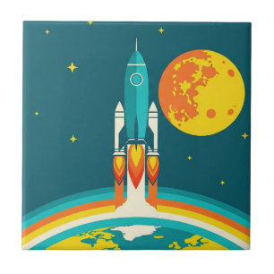 Cute Space Rocket Cartoon Ceramic Tile