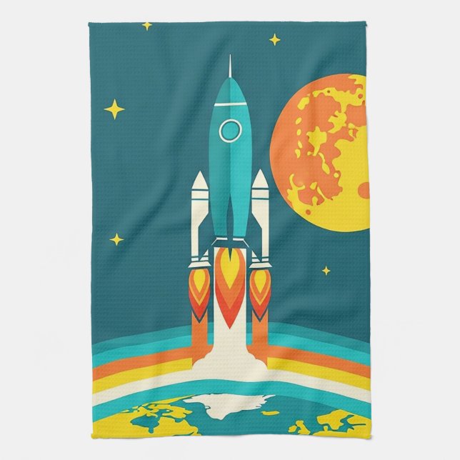 Cute Space Rocket Cartoon Tea Towel (Vertical)