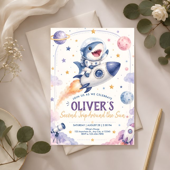 Cute Space Shark 2nd Birthday Invitation (Creator Uploaded)