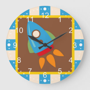 Cute Space Ship Rocket Outer Space Blue Kids Large Clock