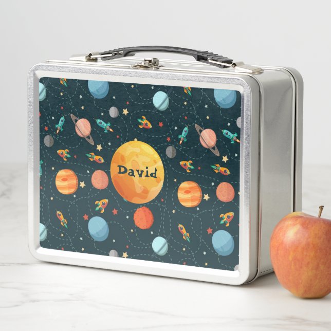 Cute Space Solar System Personalised Kids Name Metal Lunch Box (In Situ)