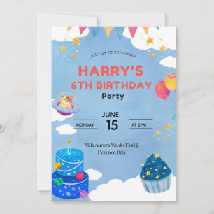 Cute Space Theme 6th Birthday Invitation for kids