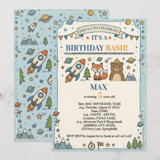 Cute Space & Woodland Birthday Party Invitation