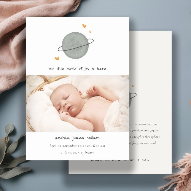 Cute Space World Heart Photo Birth Announcement (Creator Uploaded)