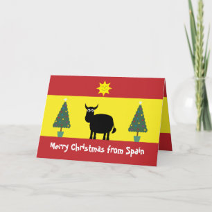Cute Spanish Bull, Flag & Christmas Trees Card
