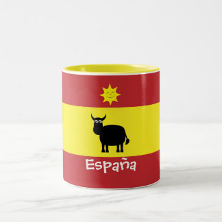 Cute Spanish Bull, Sun & Flag Two-Tone Coffee Mug