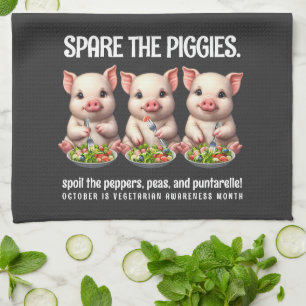 Cute Spare the Piggies Eating Salads Tea Towel