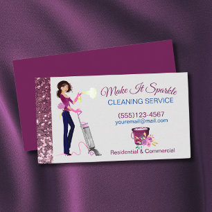 Cute Sparkle Cartoon Maid Cleaning Services Business Card