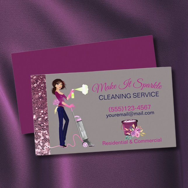Cute Sparkle Cartoon Maid Cleaning Services Business Card (Creator Uploaded)