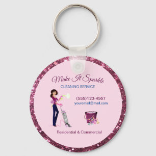 Cute Sparkle Cartoon Maid Cleaning Services Key Ring