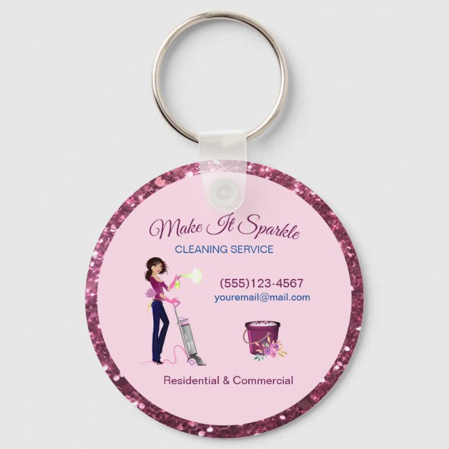 Cute Sparkle Cartoon Maid Cleaning Services Key Ring (Front)