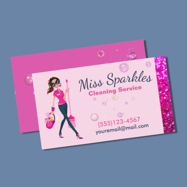 Cute Sparkle Cartoon Maid House Cleaning Service B Business Card (Creator Uploaded)