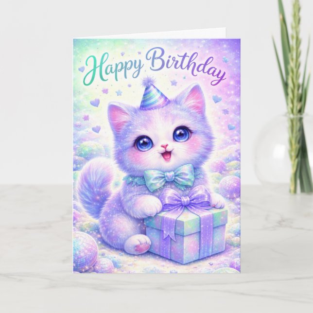 Cute Sparkle Kitten Happy Birthday Card - Magical  (Front)