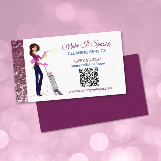 Cute Sparkle Maid Cleaning Service QR Code Business Card (Creator Uploaded)