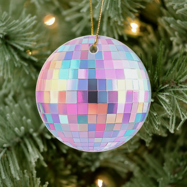 Cute Sparkly Pink & Rainbow Disco Ball  Ceramic Ornament (Tree)