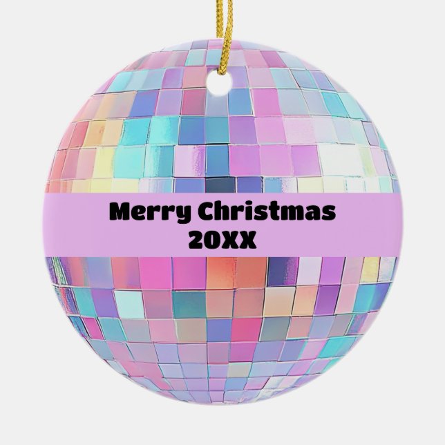 Cute Sparkly Pink & Rainbow Disco Ball Christmas Ceramic Ornament (Front)
