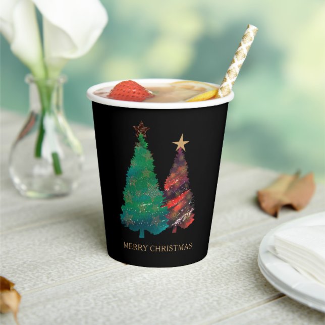 Cute Sparkly Watercolor Christmas Tree Paper Cups (Insitu)