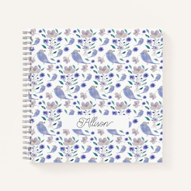 Cute Sparrow And Blue Flower Hat Notebook (Front)