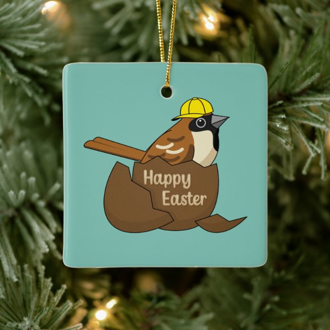 Cute Sparrow Chocolate Egg Happy Easter Ceramic Ornament (Tree)