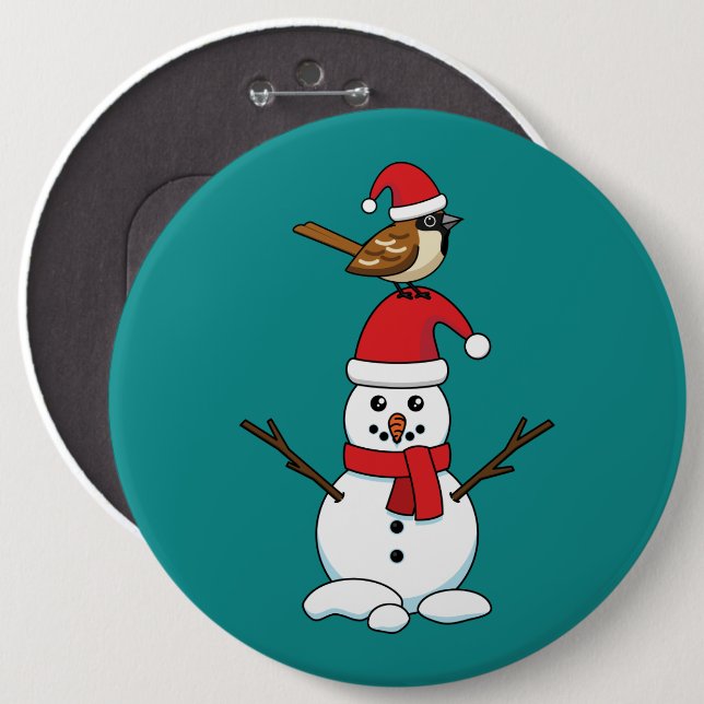 Cute Sparrow on Snowman 6 Cm Round Badge (Front & Back)
