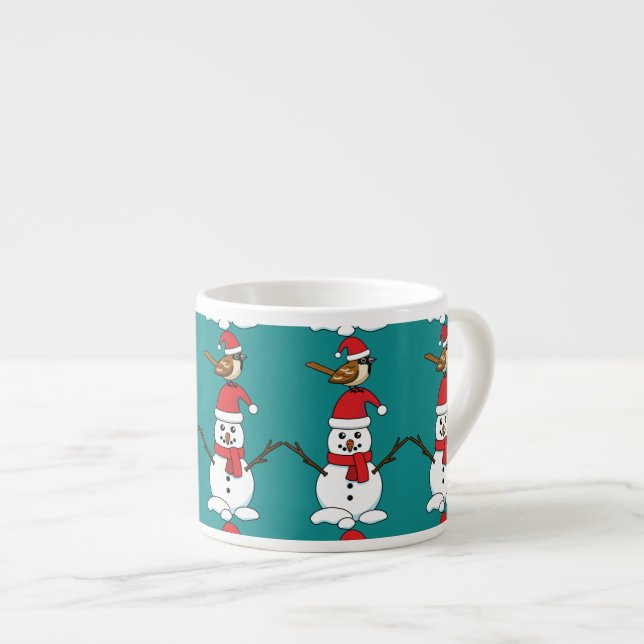Cute Sparrow on Snowman Espresso Cup (Front Right)