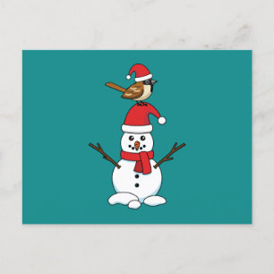 Cute Sparrow on Snowman Holiday Postcard