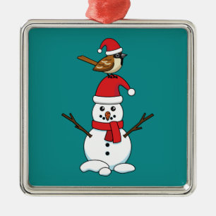 Cute Sparrow on Snowman Metal Ornament