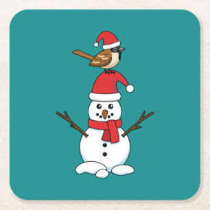 Cute Sparrow on Snowman Square Paper Coaster