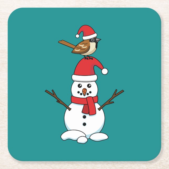 Cute Sparrow on Snowman Square Paper Coaster (Front)