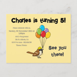 Cute Sparrow with Balloons Birthday Personalise Invitation Postcard