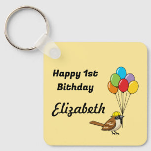 Cute Sparrow with Balloons Birthday Personalise Key Ring