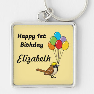 Cute Sparrow with Balloons Birthday Personalise Key Ring