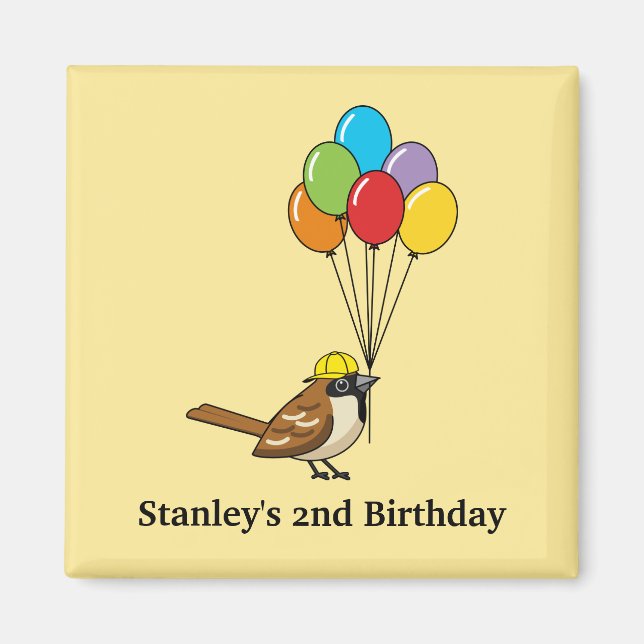 Cute Sparrow with Balloons Birthday | Personalise Magnet (Front)