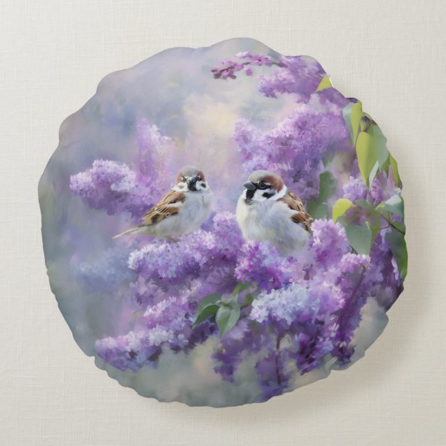 Cute Sparrows in Lilac Round Pillow (Back)