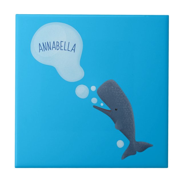 Cute sperm whale blowing bubbles cartoon ceramic tile (Front)