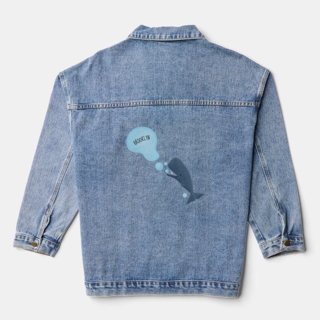 Cute sperm whale blowing bubbles cartoon denim jacket (Back)